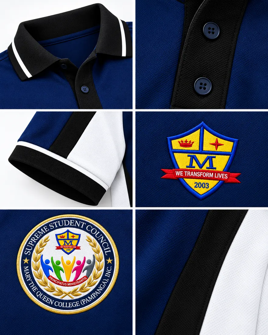 Close-up details of collar, buttons, sleeve trim and embroidered patches