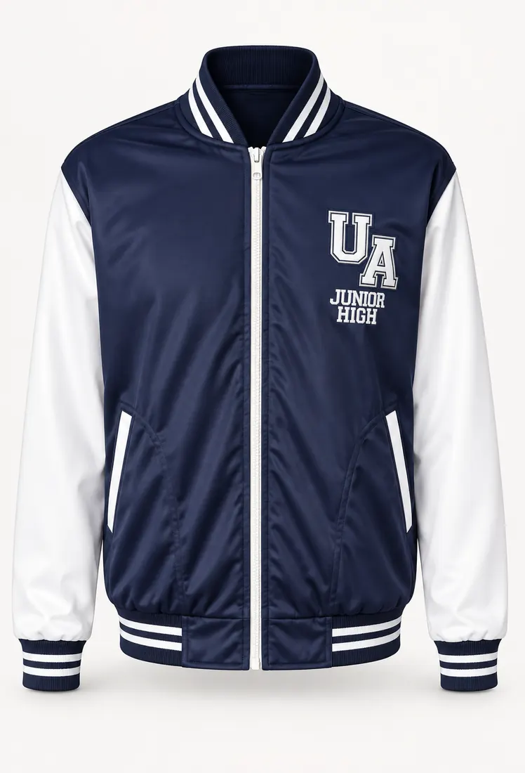 Navy and white varsity jacket