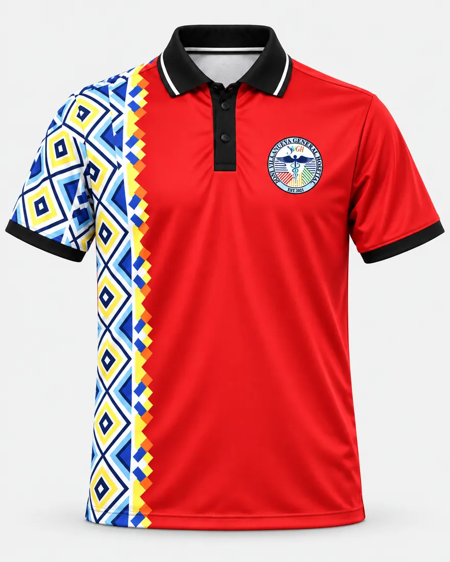 Red company poloshirt with patterned side panel