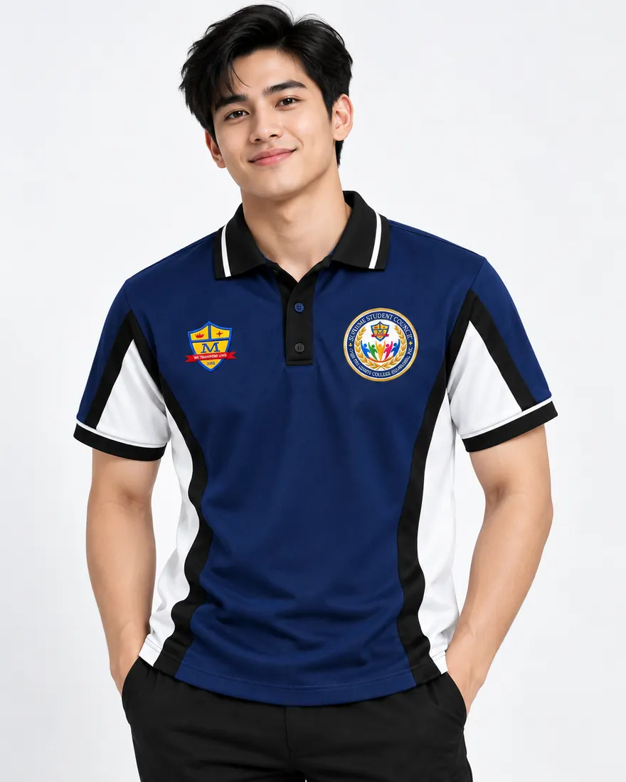 Model wearing a navy poloshirt with embroidered patches