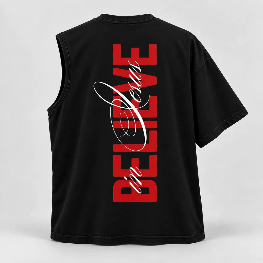 Back of a black shirt reading Believe in Jesus