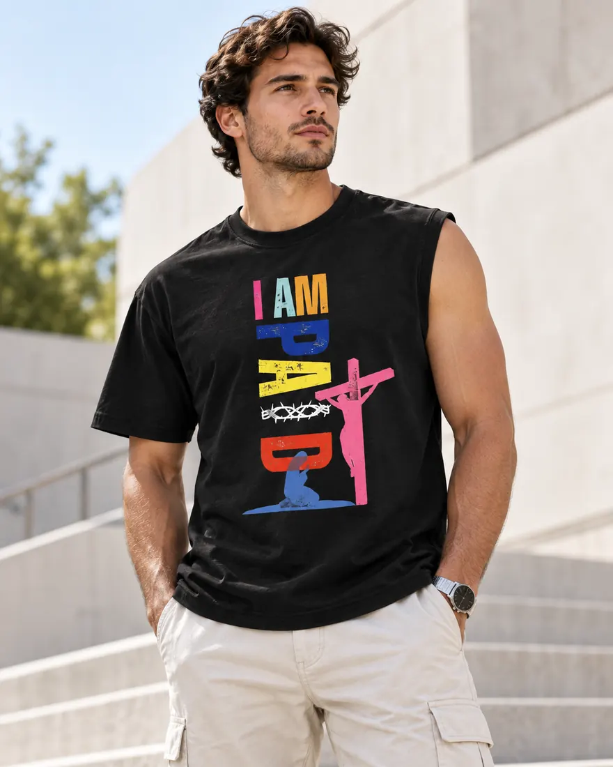 Model wearing a black statement T-shirt