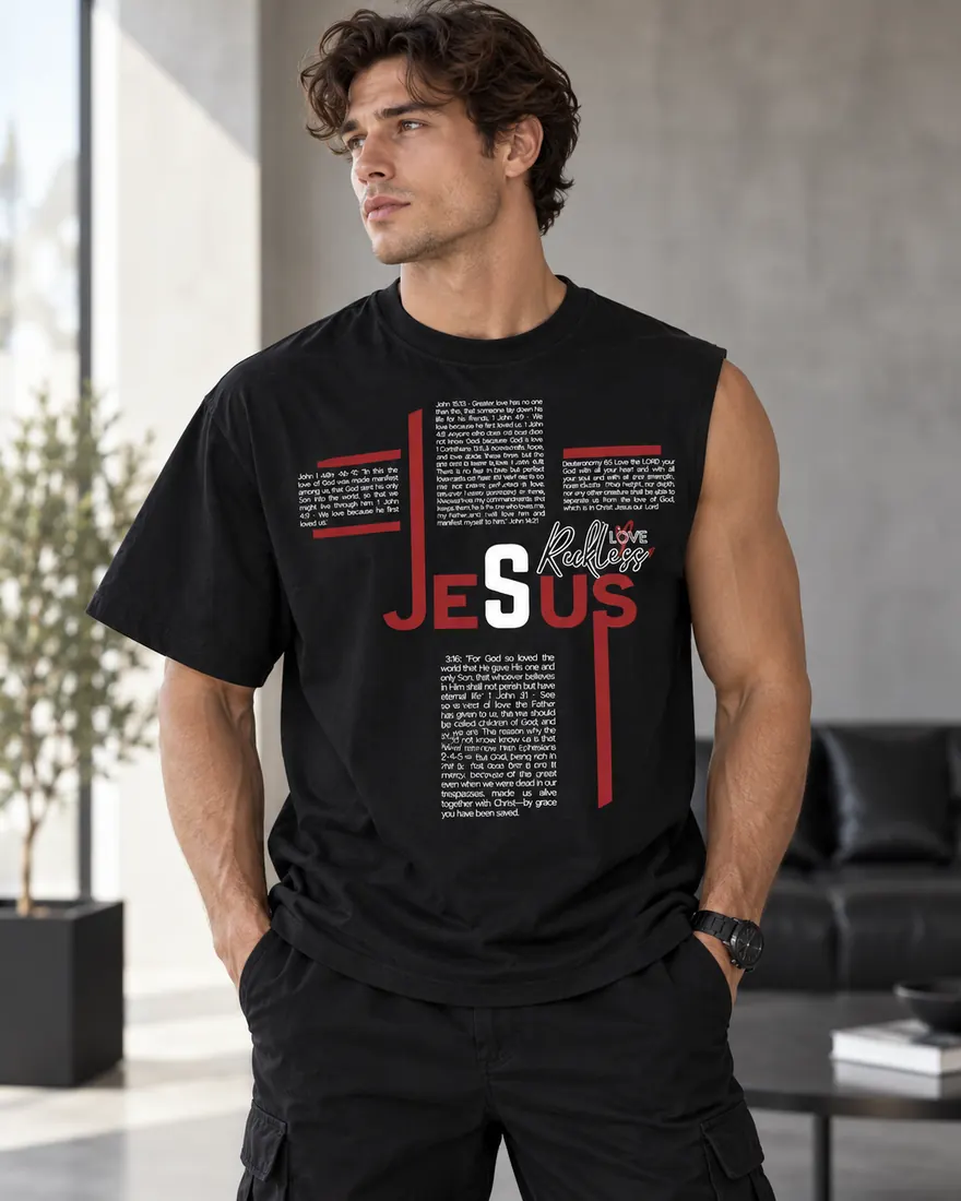 Model wearing the Reckless Love statement shirt