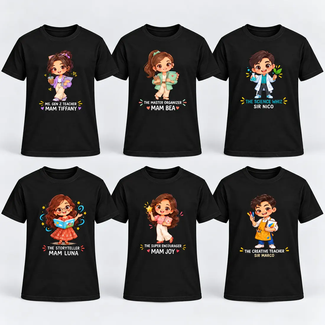 Six black T-shirts with full-color printed teacher characters