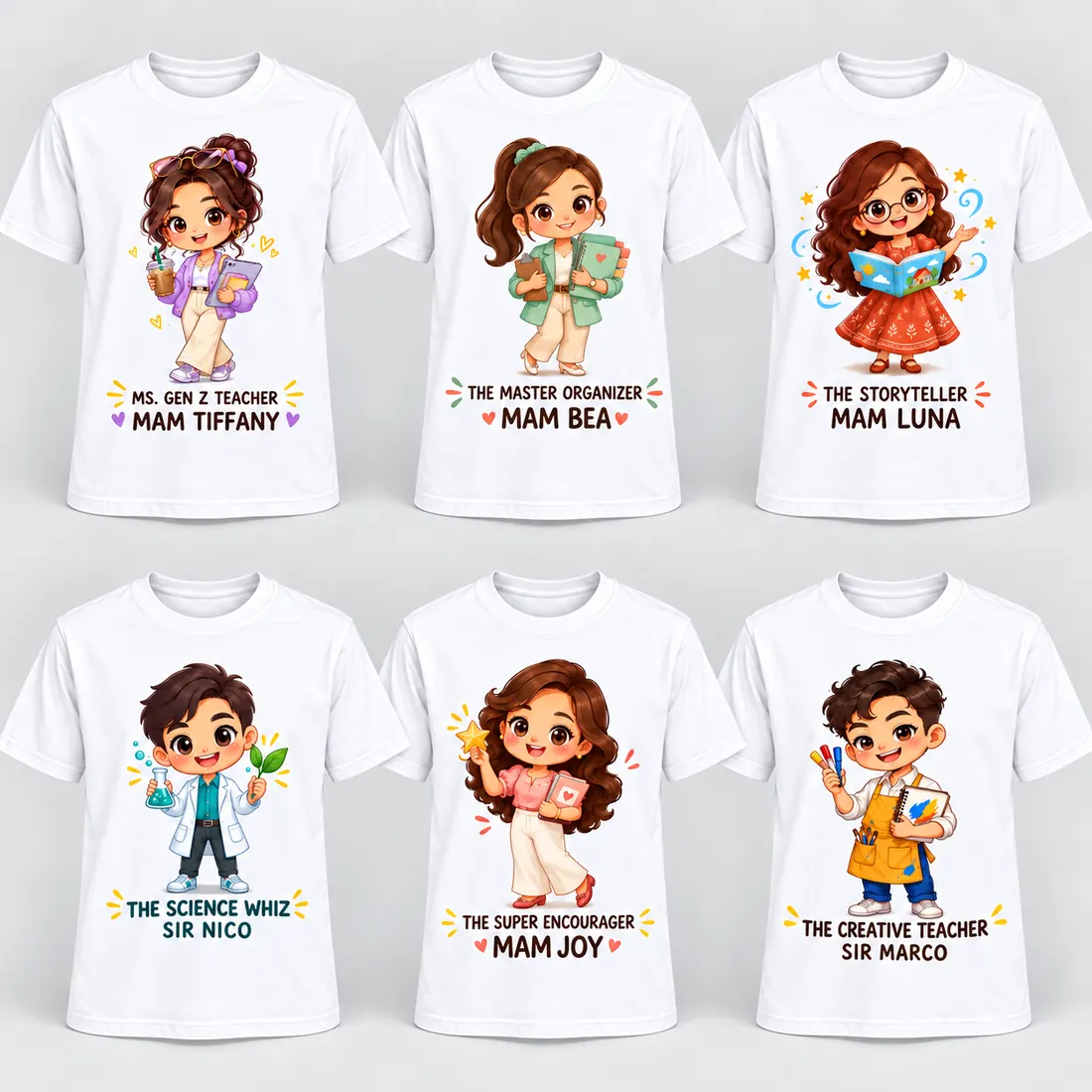 Six printed teacher character T-shirts