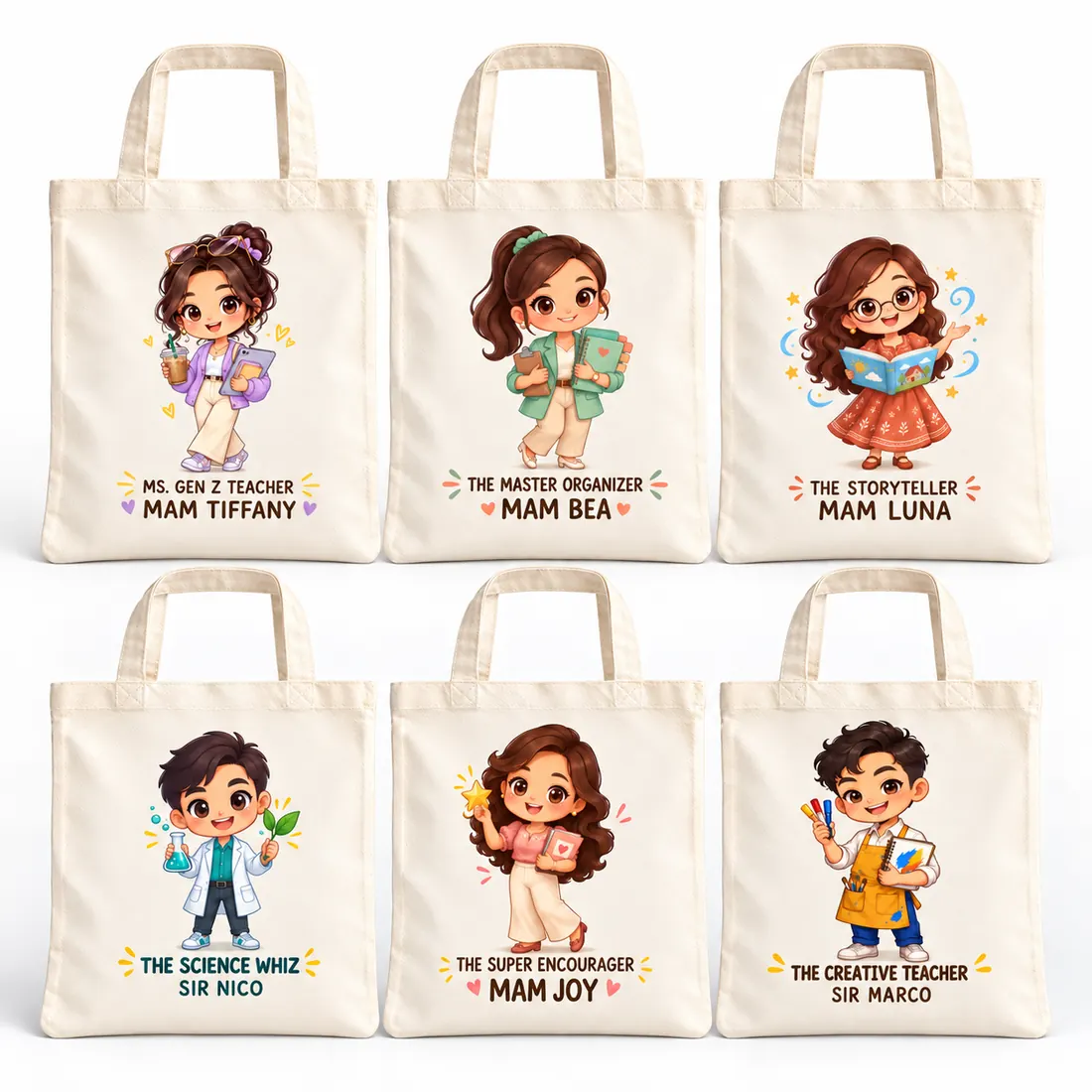 Six printed teacher tote bags